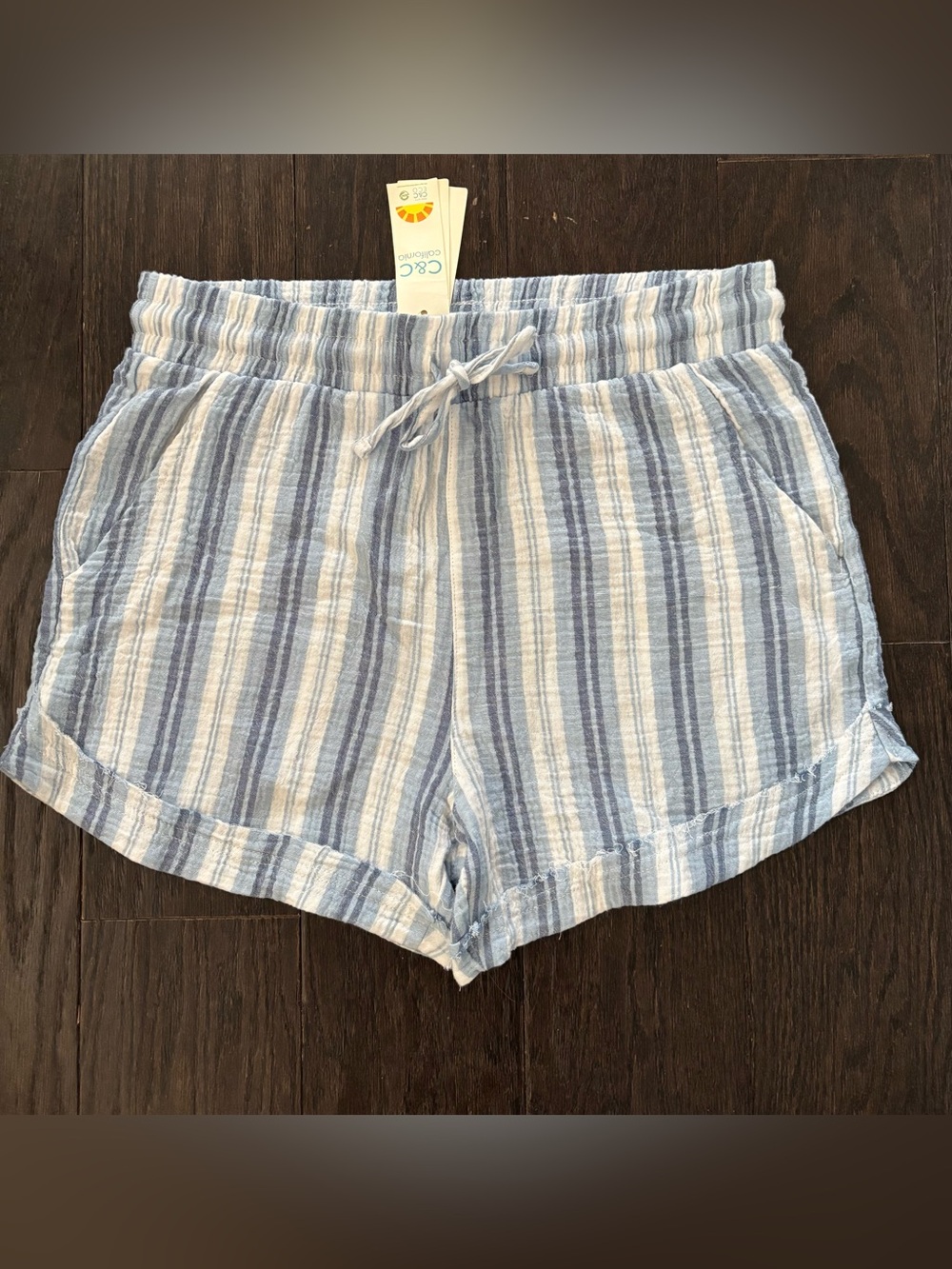 C&C California Light Blue and White Striped Drawstring Cotton Shorts